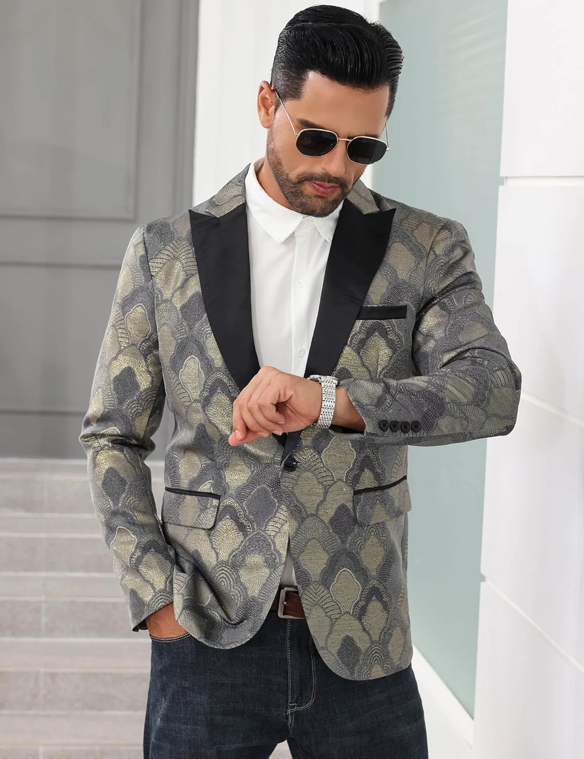 Men's Tuxedo Suit Jacket Floral Dinner Jacket Party Prom Wedding Blazer Jackets Slim Fit One Button Shawl Lapel Suit Jacket