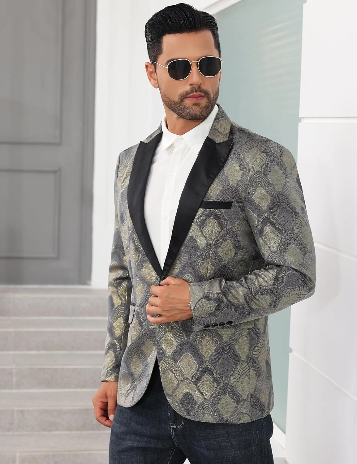 Men's Tuxedo Suit Jacket Floral Dinner Jacket Party Prom Wedding Blazer Jackets Slim Fit One Button Shawl Lapel Suit Jacket