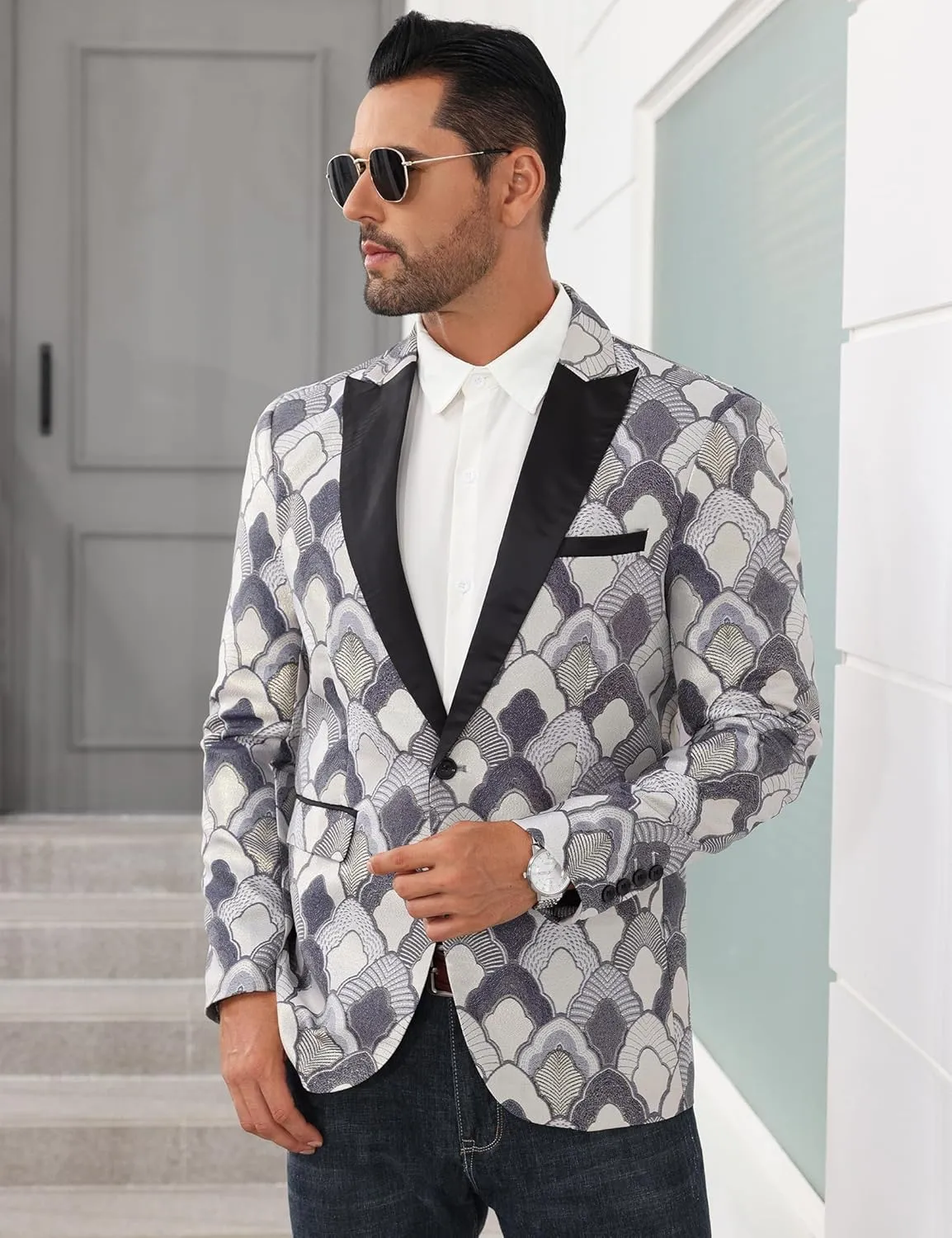 Men's Tuxedo Suit Jacket Floral Dinner Jacket Party Prom Wedding Blazer Jackets Slim Fit One Button Shawl Lapel Suit Jacket