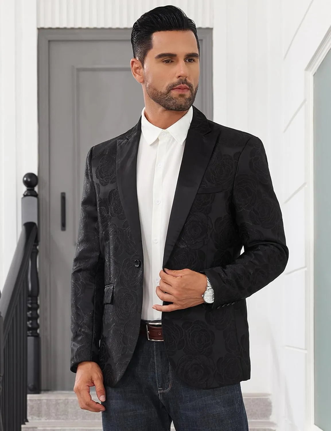 Men's Tuxedo Suit Jacket Floral Dinner Jacket Party Prom Wedding Blazer Jackets Slim Fit One Button Shawl Lapel Suit Jacket
