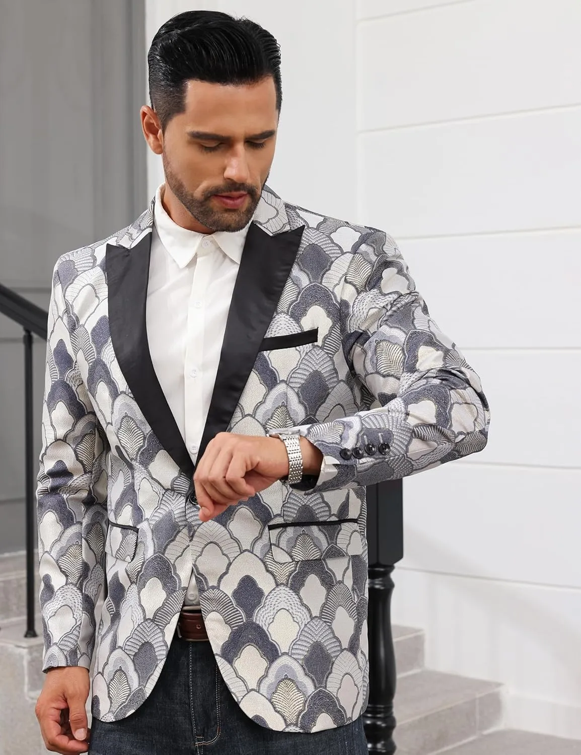 Men's Tuxedo Suit Jacket Floral Dinner Jacket Party Prom Wedding Blazer Jackets Slim Fit One Button Shawl Lapel Suit Jacket
