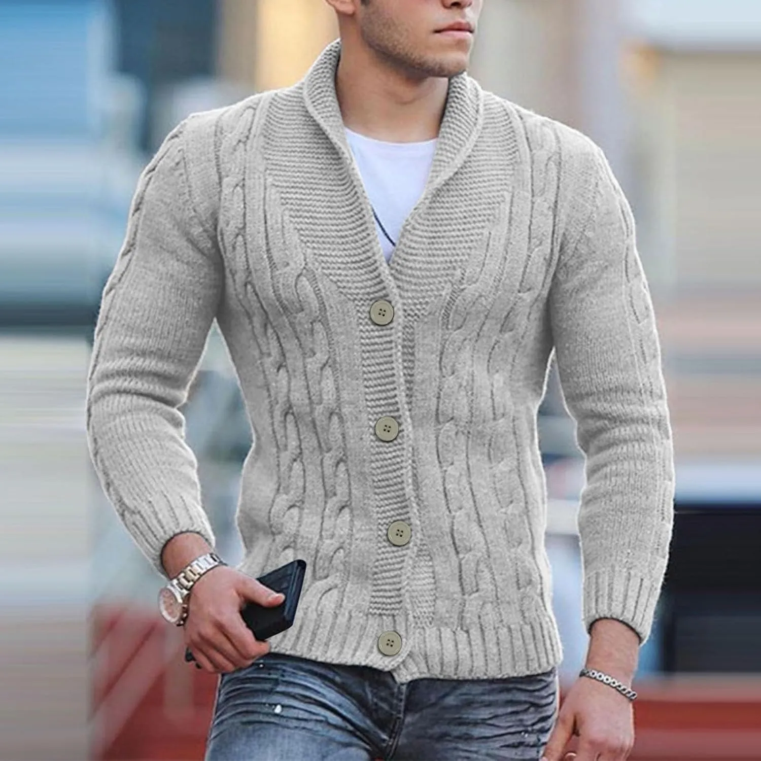 Men's V Neck Sweater Long Sleeve Shawl Collar Pullover Knitted Button Down Tops Solid Color Knitwear Oversize Sweater