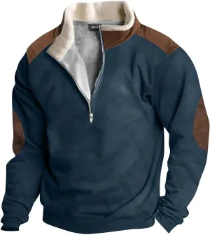 Men's Vintage Western Cowboy Zipper Sweatshirt Fluffy Fleece Sweater 1/4 Zip Stand Collar Cowboy Print Jacket Coats