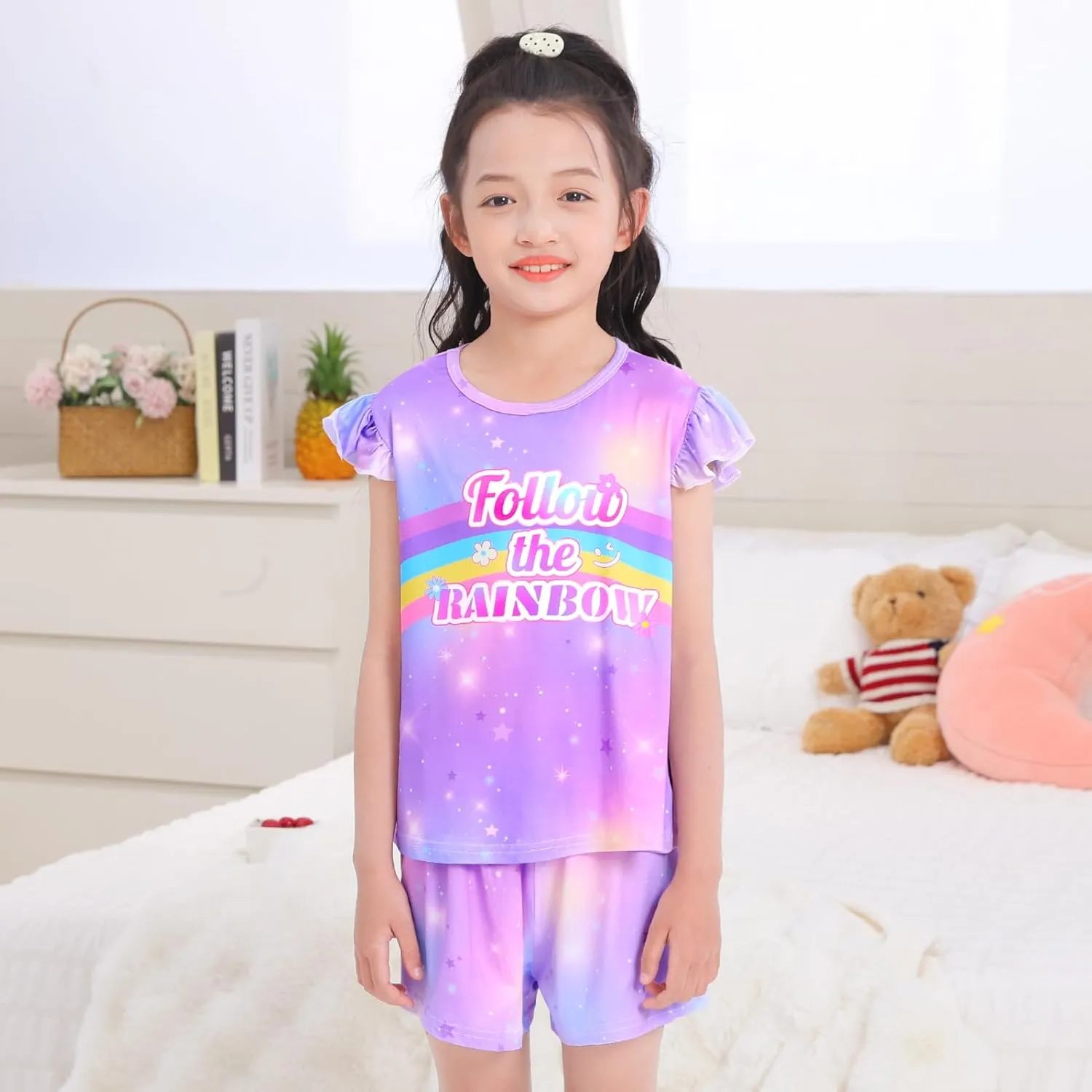 MHJY Girls Pajama Sets Toddler Sleepwear Flutter Short Sleeves Top and Shorts 2pcs Kids Pjs Set