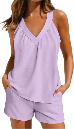 midelxp Linen Short Sets for Women Summer Lounge Outfits High Waisted Shorts V Neck Halter Tops Comfy Soft Cute Pajama Sets