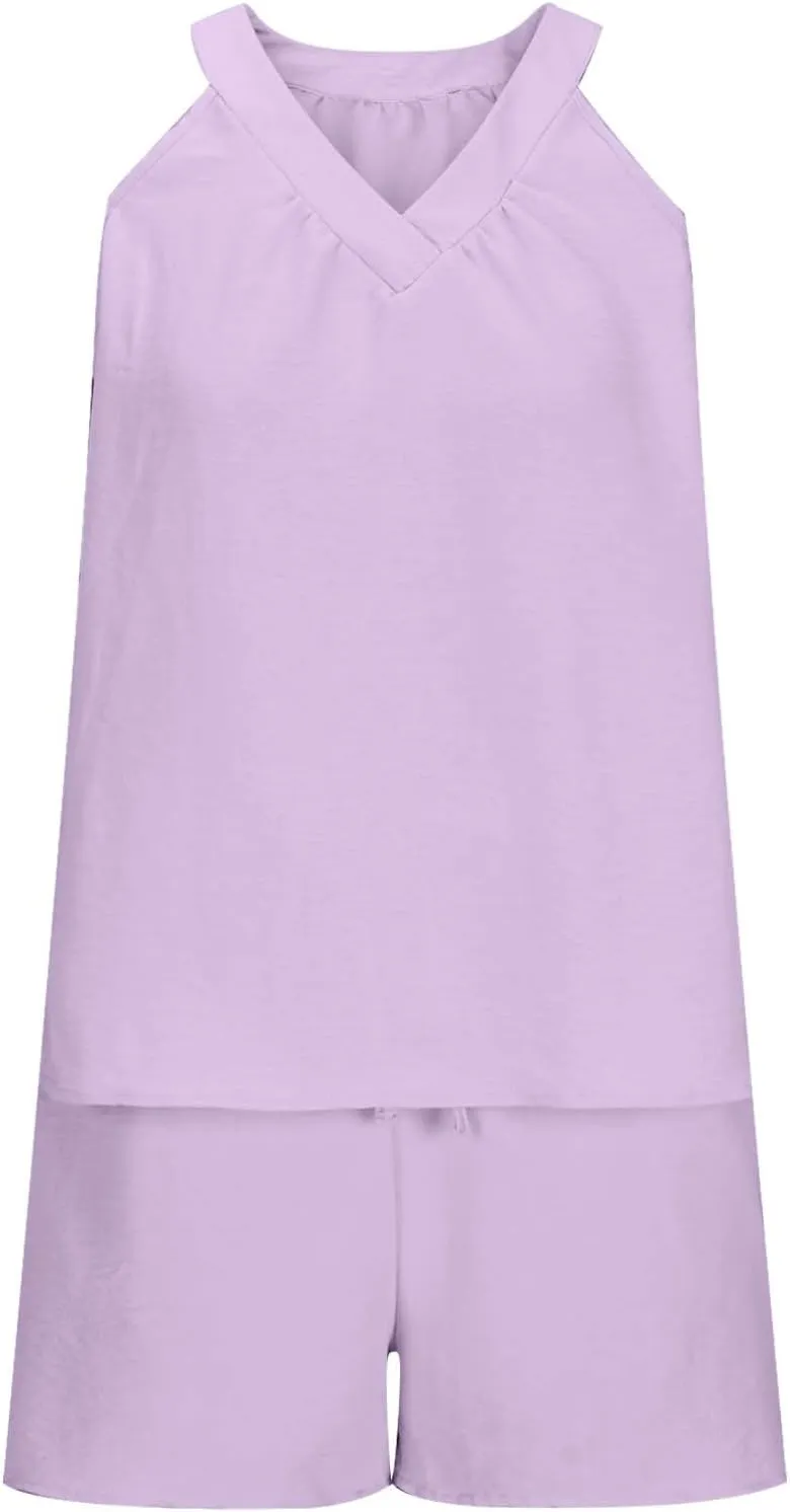 midelxp Linen Short Sets for Women Summer Lounge Outfits High Waisted Shorts V Neck Halter Tops Comfy Soft Cute Pajama Sets