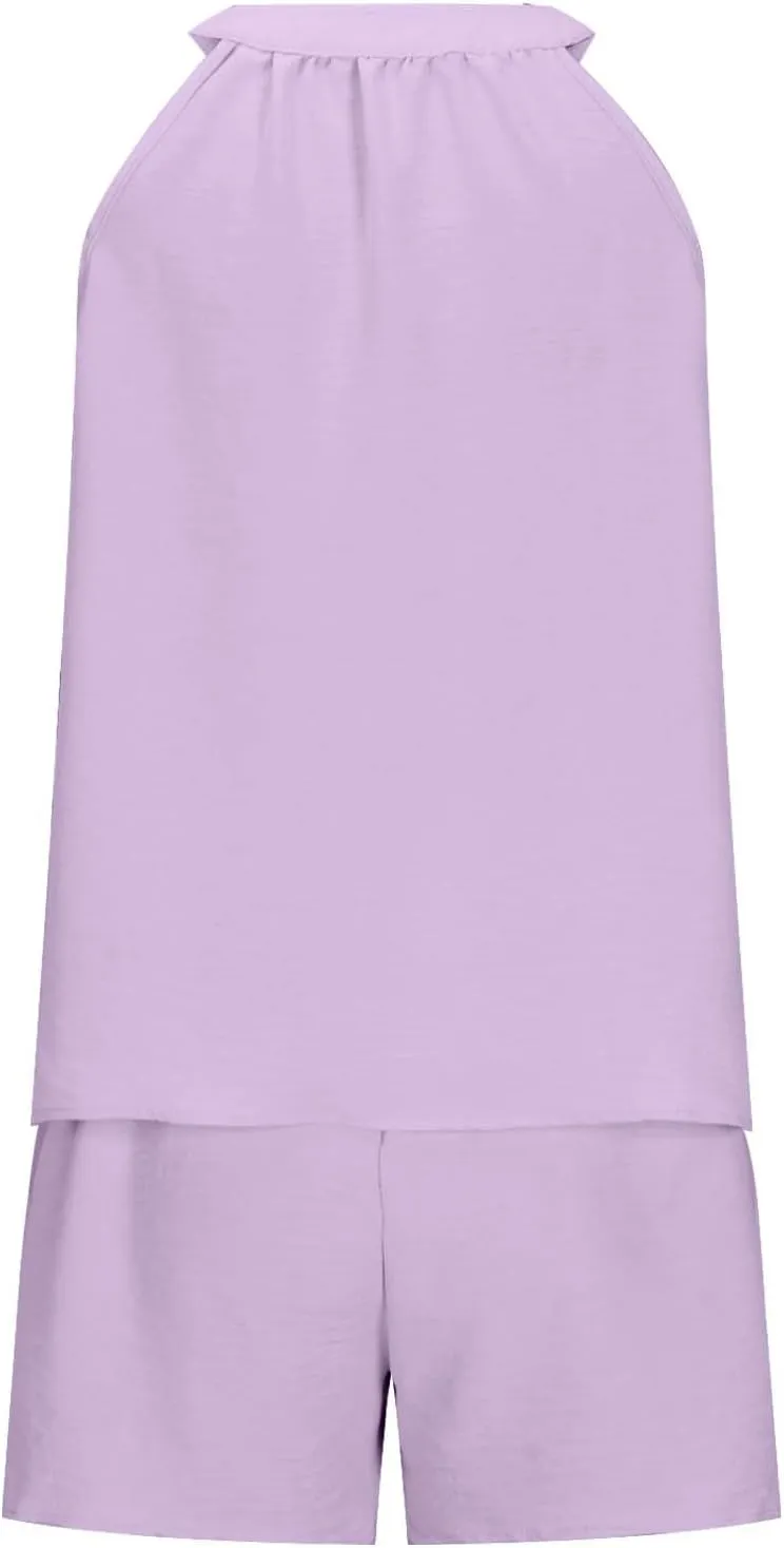 midelxp Linen Short Sets for Women Summer Lounge Outfits High Waisted Shorts V Neck Halter Tops Comfy Soft Cute Pajama Sets