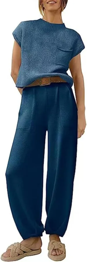 midelxp Womens Two Piece Outfits Casual Sweater Sets Knit Cap Sleeve Tops High Waisted Pants with Pockets Summer Lounge Sets