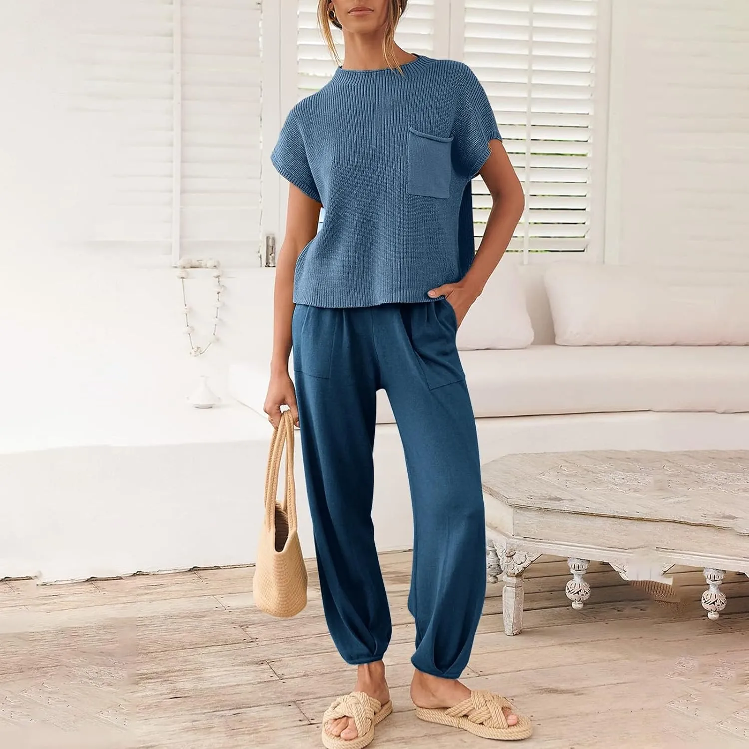 midelxp Womens Two Piece Outfits Casual Sweater Sets Knit Cap Sleeve Tops High Waisted Pants with Pockets Summer Lounge Sets