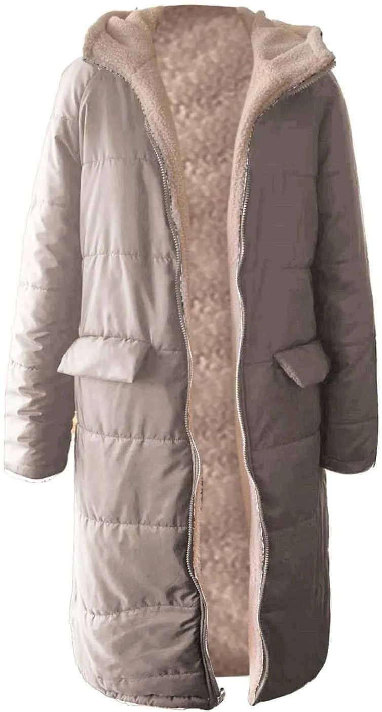 Miyaomn Womens Oversized Padded Long Coats Reversible Winter Sherpa Fleece Lined Hooded Puffer Jackets Outerwear with Pockets
