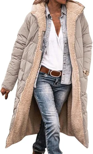Miyaomn Womens Oversized Padded Long Coats Reversible Winter Sherpa Fleece Lined Hooded Puffer Jackets Outerwear with Pockets
