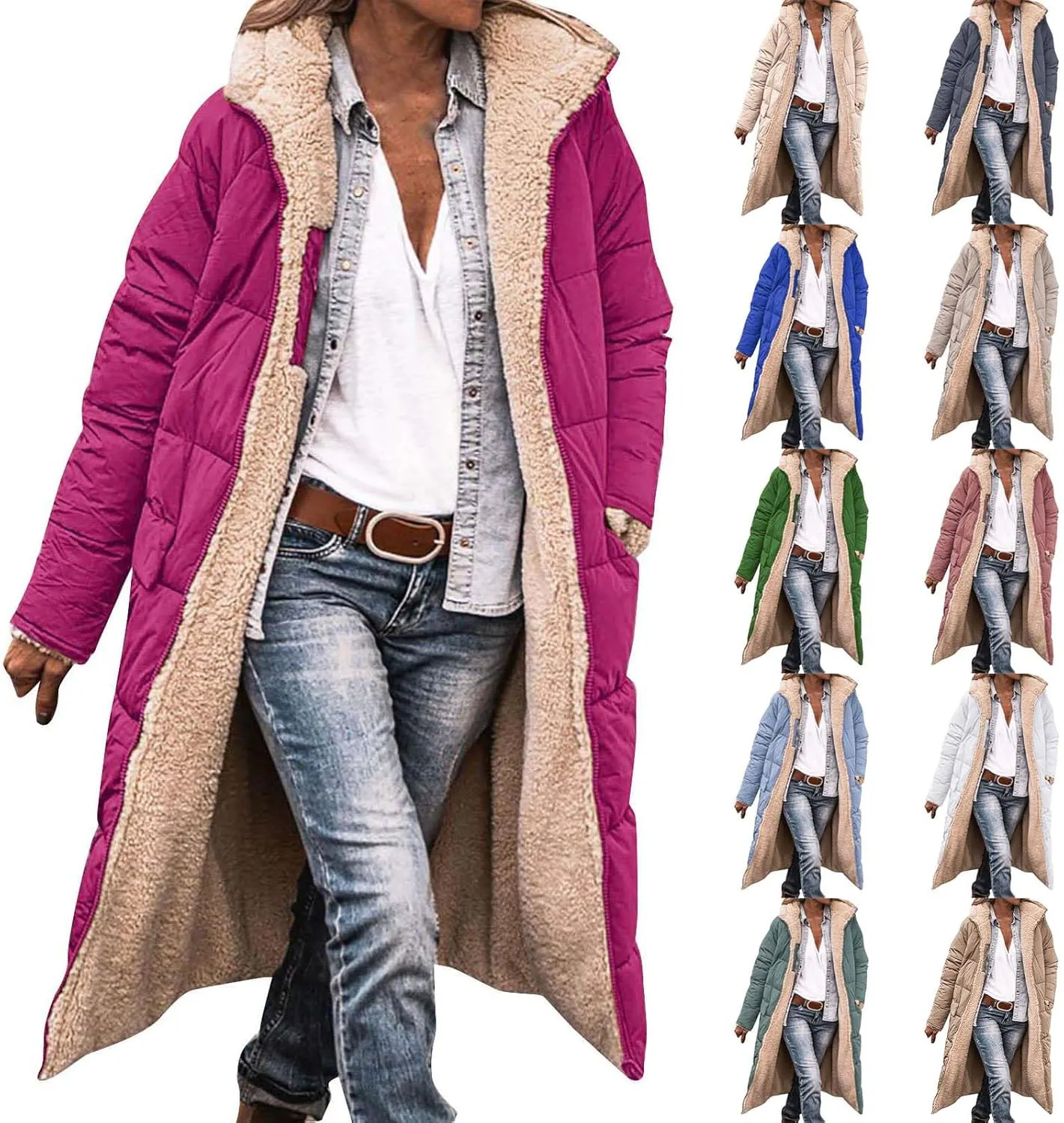 Miyaomn Womens Oversized Padded Long Coats Reversible Winter Sherpa Fleece Lined Hooded Puffer Jackets Outerwear with Pockets