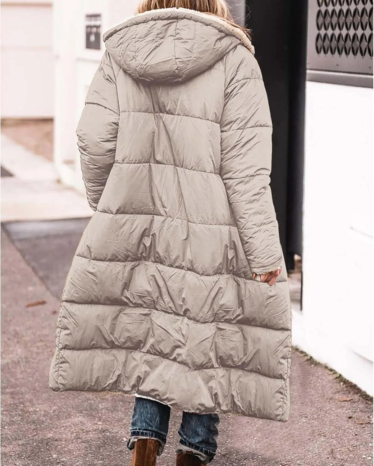 Miyaomn Womens Oversized Padded Long Coats Reversible Winter Sherpa Fleece Lined Hooded Puffer Jackets Outerwear with Pockets