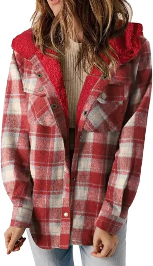 Miyaomn Women's Plaid Shacket Jacket Long Sleeve Button Down Fleece Lined Hooded Cardigan Jackets Warm Coats Sherpa Outerwear