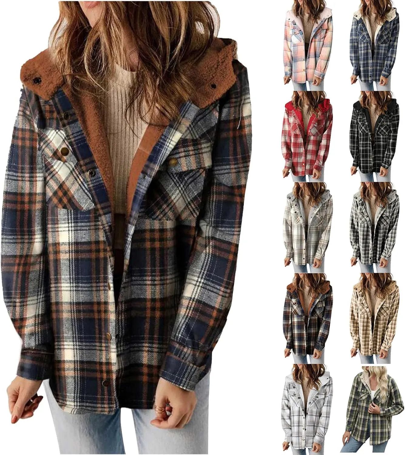 Miyaomn Women's Plaid Shacket Jacket Long Sleeve Button Down Fleece Lined Hooded Cardigan Jackets Warm Coats Sherpa Outerwear