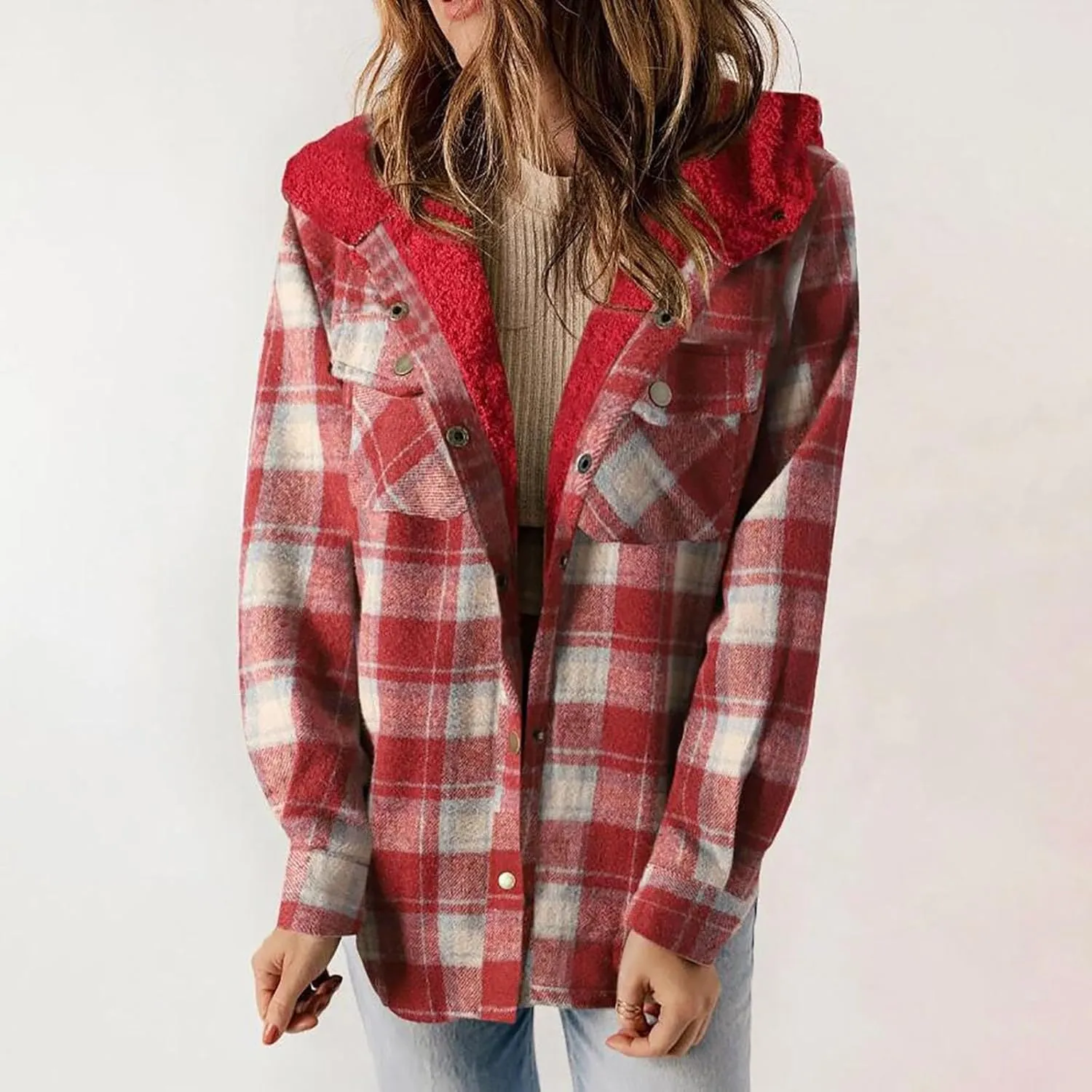 Miyaomn Women's Plaid Shacket Jacket Long Sleeve Button Down Fleece Lined Hooded Cardigan Jackets Warm Coats Sherpa Outerwear