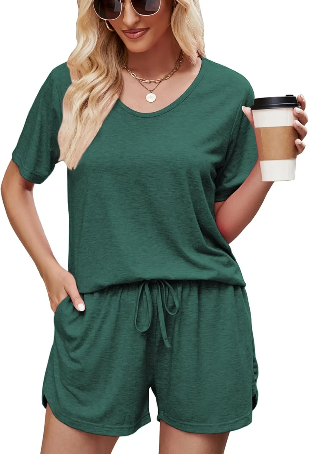 MOYEE Womens Pajama Sets Soft Short Sleeve Shirt and Shorts 2 Pieces Lounge Outfit Sets with Pockets