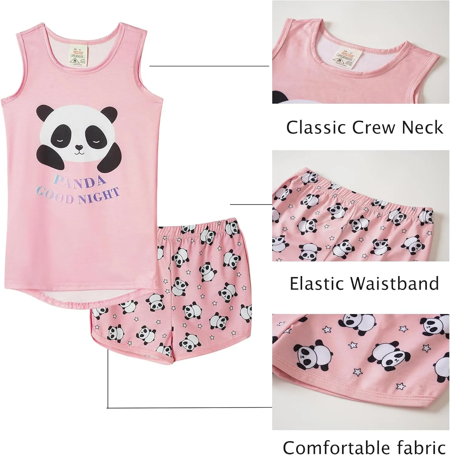 MyFav Big Girls Sleeveless Pajama Sets Cute Panda Polka Dot Sleepwear Loungewear