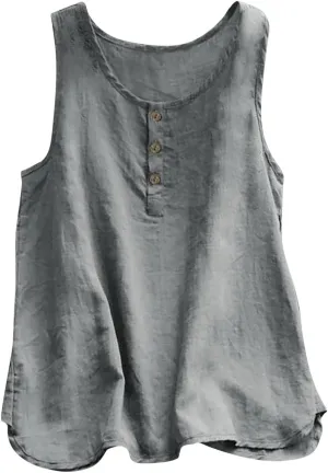 Mzkdieey Cotton Linen Tank Tops for Women Scoop Neck Button Down Henley Shirts Summer Casual Sleeveless Loose Fit T-Shirt