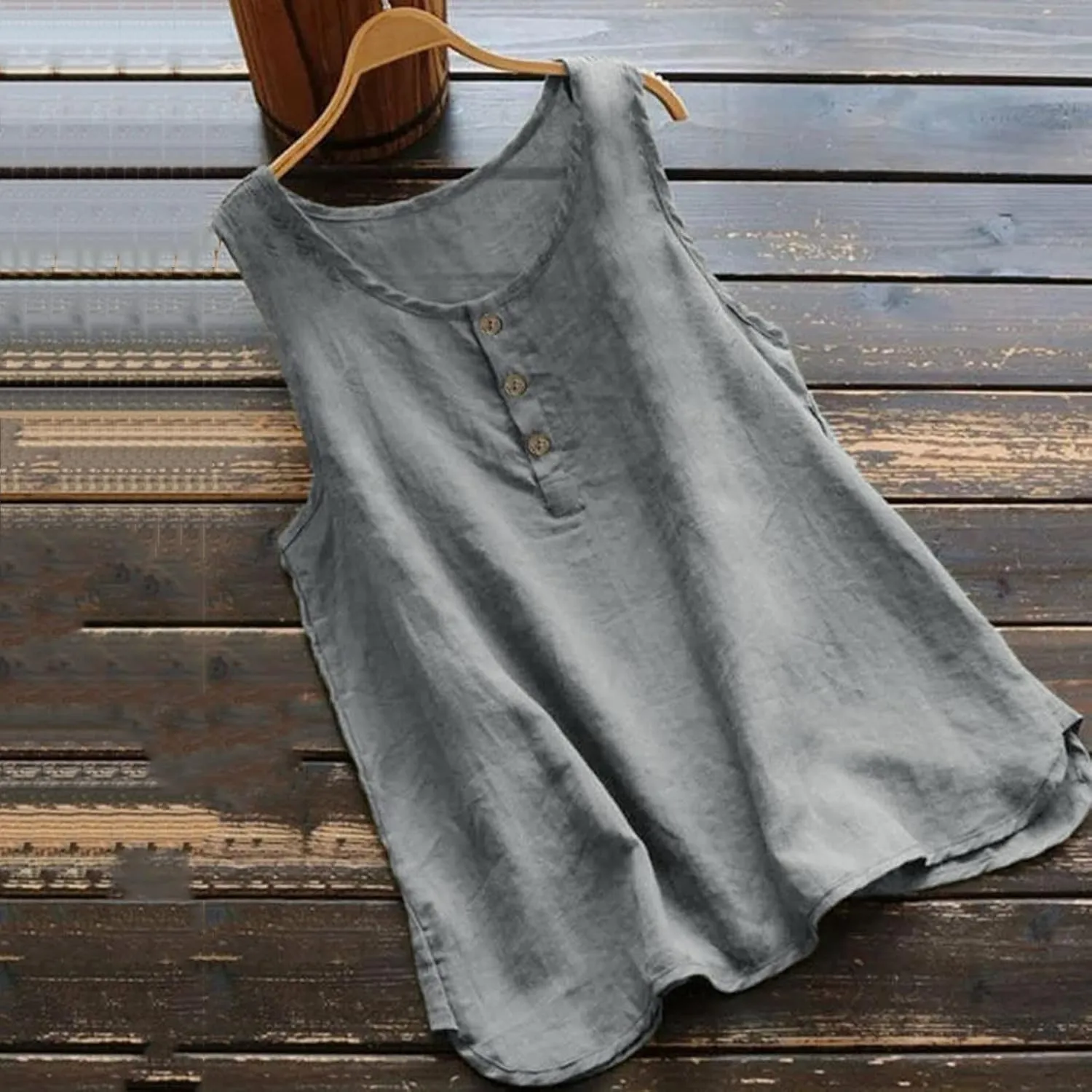 Mzkdieey Cotton Linen Tank Tops for Women Scoop Neck Button Down Henley Shirts Summer Casual Sleeveless Loose Fit T-Shirt