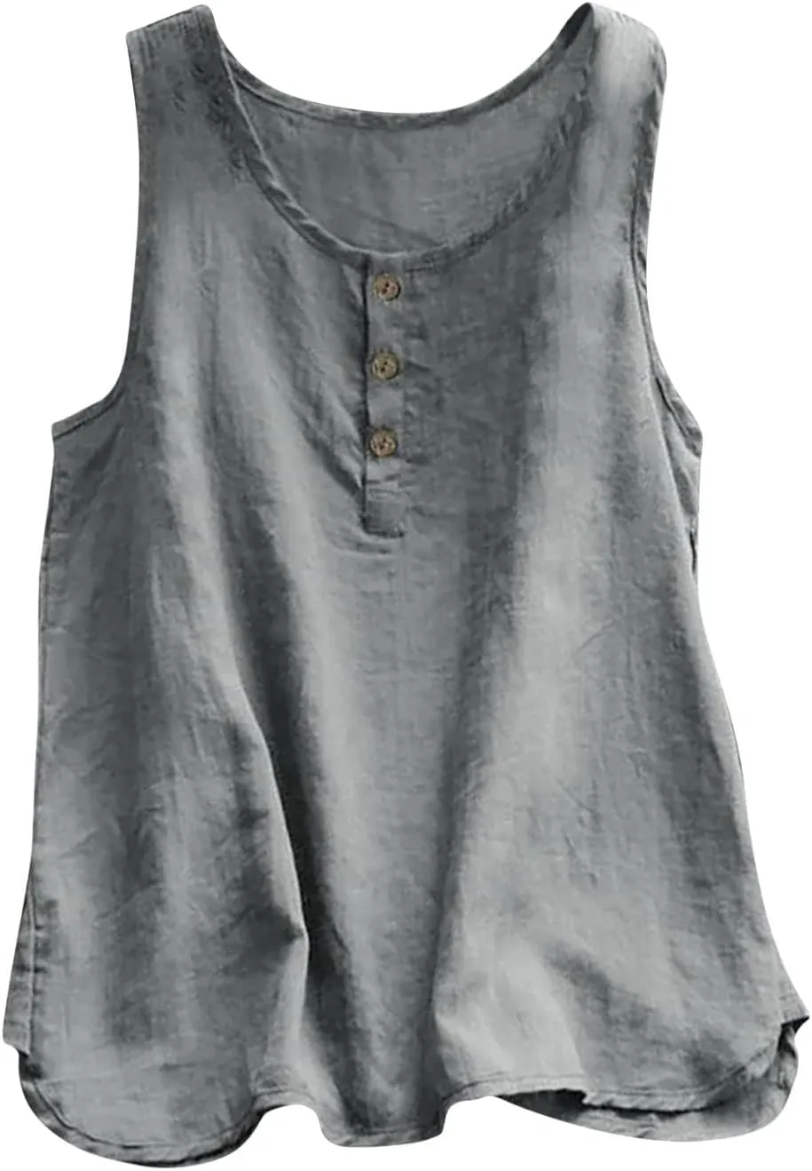 Mzkdieey Cotton Linen Tank Tops for Women Scoop Neck Button Down Henley Shirts Summer Casual Sleeveless Loose Fit T-Shirt
