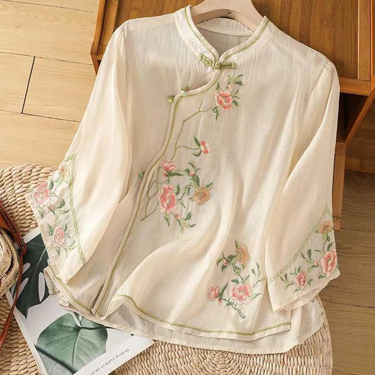Mzkdieey Women's Cotton Linen Retro Chinese Frog Button Tops Traditional Mandarin Collar Shirts Floral Embroidered Blouse
