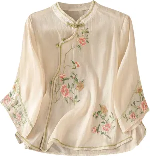 Mzkdieey Women's Cotton Linen Retro Chinese Frog Button Tops Traditional Mandarin Collar Shirts Floral Embroidered Blouse