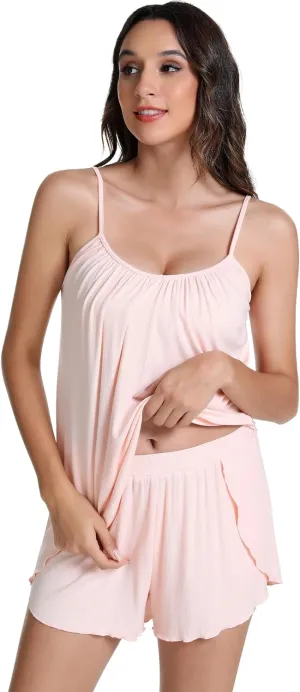 NACHILA Women’s Cami Pajamas-Viscose Made from Bamboo, Cool Camisole Pajama Sets Ribbed Pjs Shorts Set Sleeveless Sleepwear