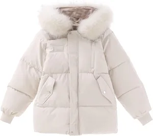 NATHGAM Down Jackets for Women 2023 Winter Long Sleeve Zip Puffer Jacket Baggy Short Down Coats Faux Fur Splicing Hooded Coat