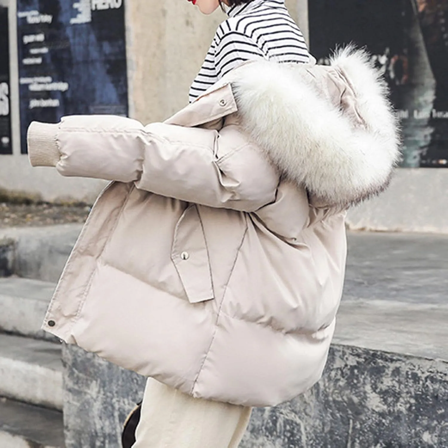NATHGAM Down Jackets for Women 2023 Winter Long Sleeve Zip Puffer Jacket Baggy Short Down Coats Faux Fur Splicing Hooded Coat
