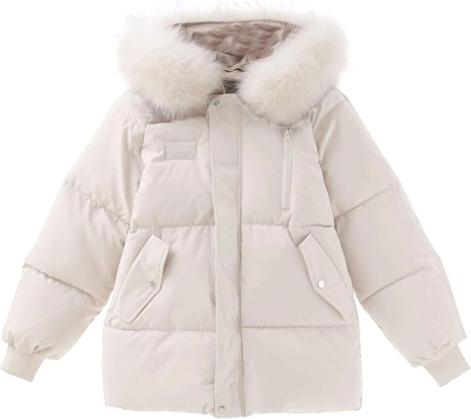 NATHGAM Down Jackets for Women 2023 Winter Long Sleeve Zip Puffer Jacket Baggy Short Down Coats Faux Fur Splicing Hooded Coat