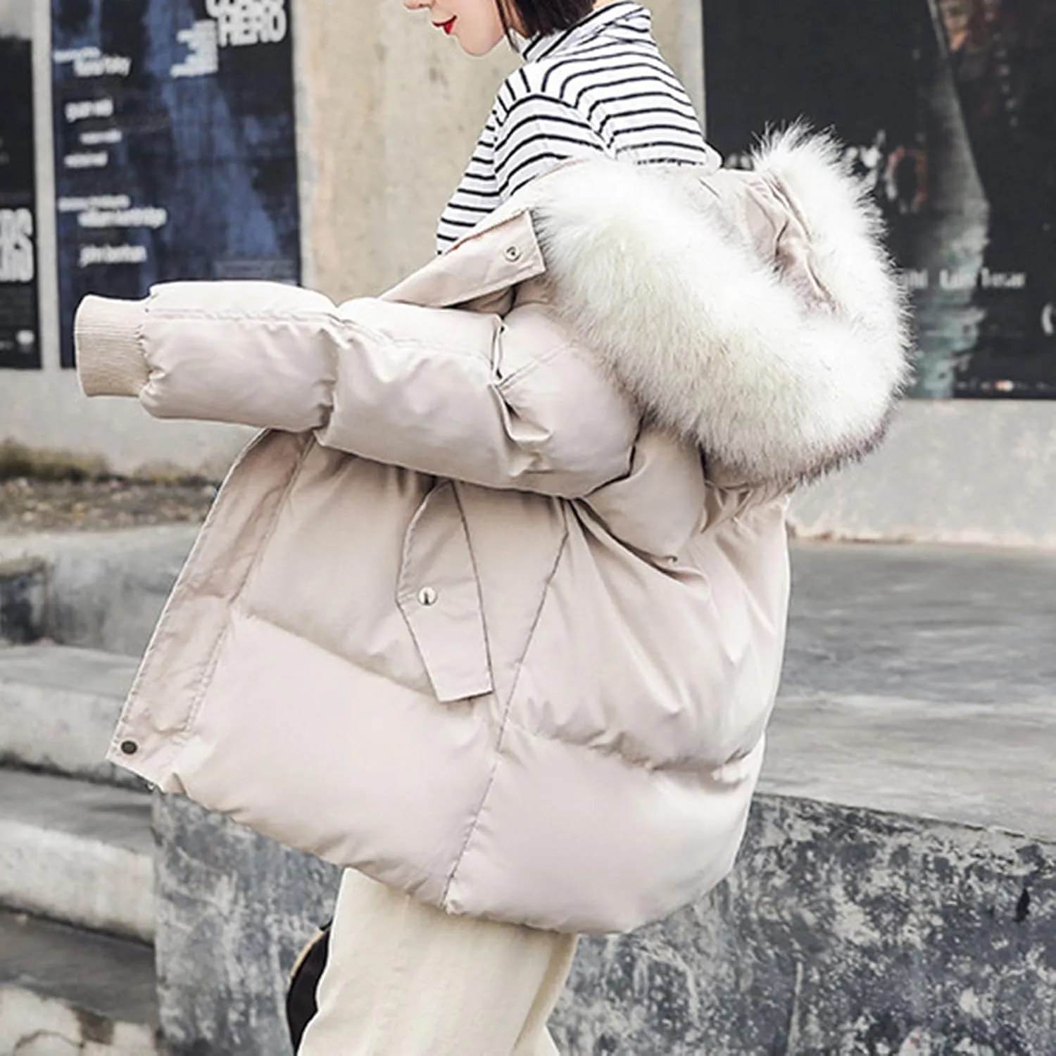 NATHGAM Down Jackets for Women 2023 Winter Long Sleeve Zip Puffer Jacket Baggy Short Down Coats Faux Fur Splicing Hooded Coat