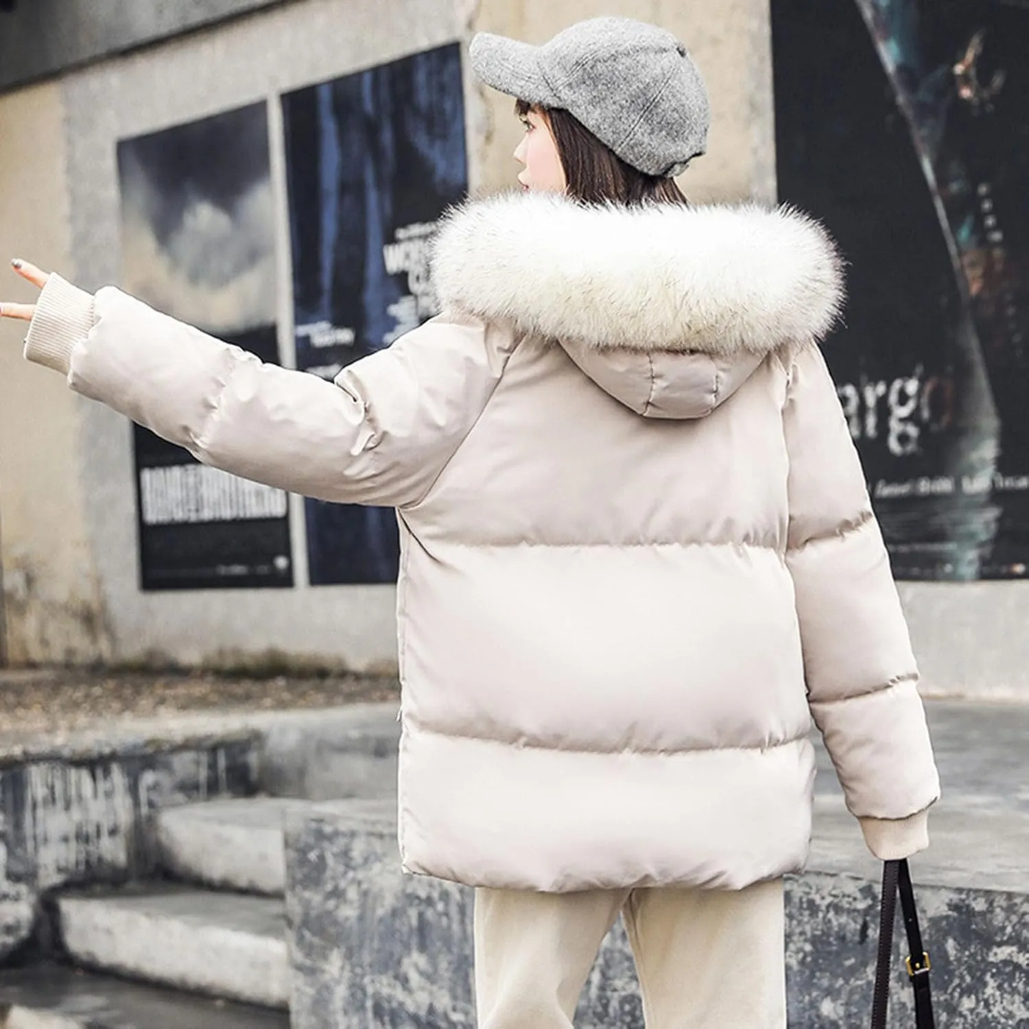 NATHGAM Down Jackets for Women 2023 Winter Long Sleeve Zip Puffer Jacket Baggy Short Down Coats Faux Fur Splicing Hooded Coat