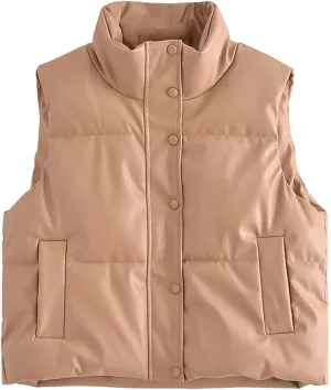 NATHGAM Women's Cropped Vest Jacket Long Sleeve Button Puffer Jacket Winter Quilted Short Stand Collar Down Coat with Pockets