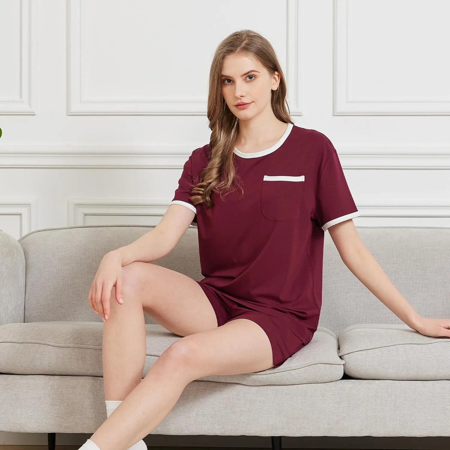 netdraw Women's Ultra Soft Bamboo Viscose Pajama Sets Short Sleeve Sleepwear Comfy 2 Piece Casual Lounge Set