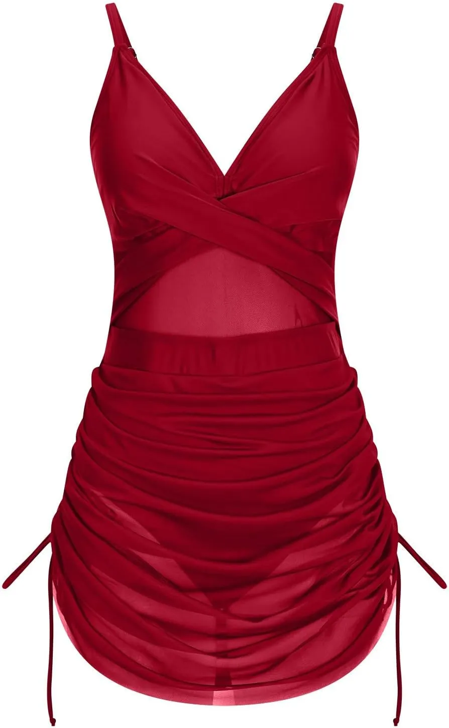 One Piece Swimsuit Women Mesh Cutout Tummy Control Bathing Suits Adjustable Spaghetti Straps Front Cross Swimwear