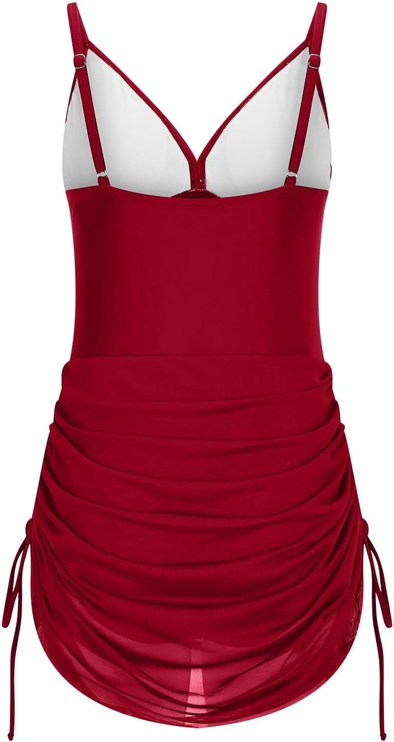 One Piece Swimsuit Women Mesh Cutout Tummy Control Bathing Suits Adjustable Spaghetti Straps Front Cross Swimwear