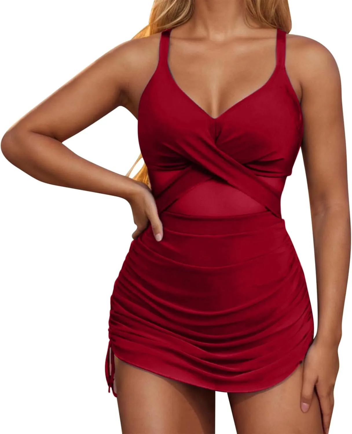 One Piece Swimsuit Women Mesh Cutout Tummy Control Bathing Suits Adjustable Spaghetti Straps Front Cross Swimwear