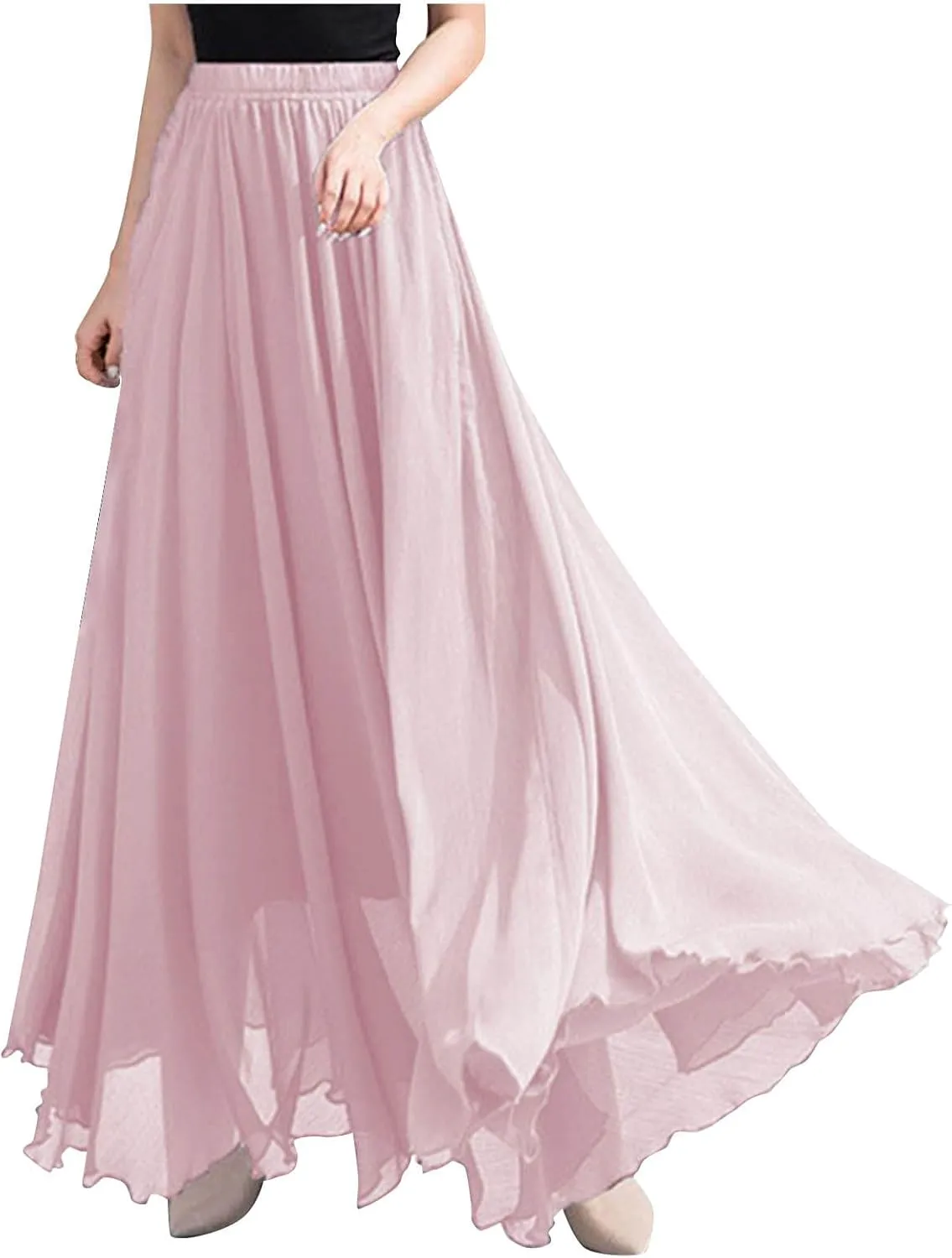 Oplxuo Women's Elastic Waist Chiffon Flowy Maxi Skirt Full Length A-Line Beach Long Skirts