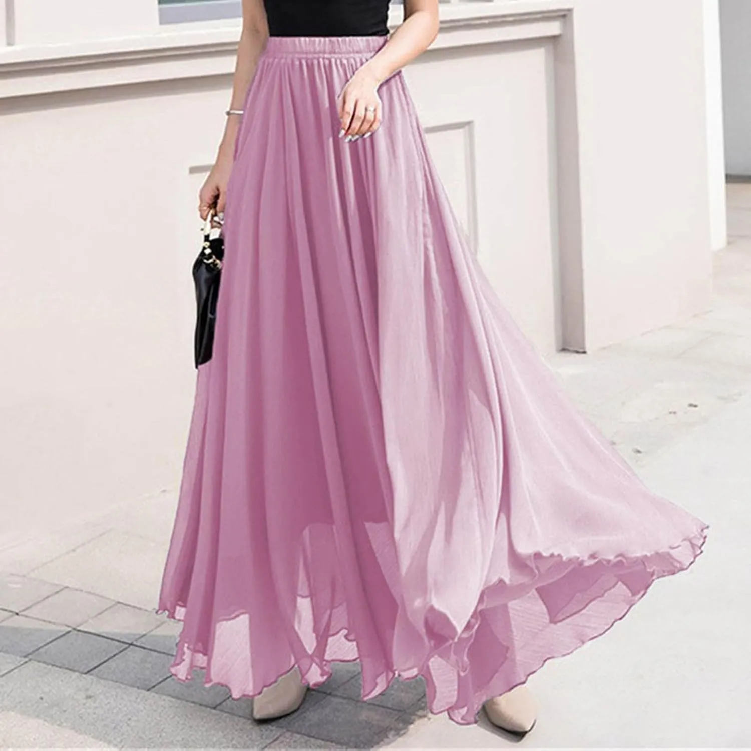 Oplxuo Women's Elastic Waist Chiffon Flowy Maxi Skirt Full Length A-Line Beach Long Skirts
