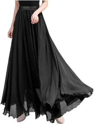 Oplxuo Women's Elastic Waist Chiffon Flowy Maxi Skirt Full Length A-Line Beach Long Skirts