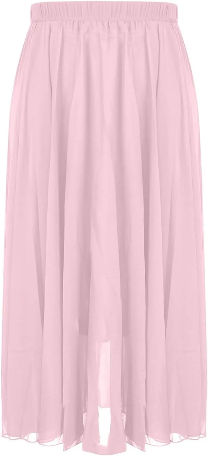 Oplxuo Women's Elastic Waist Chiffon Flowy Maxi Skirt Full Length A-Line Beach Long Skirts