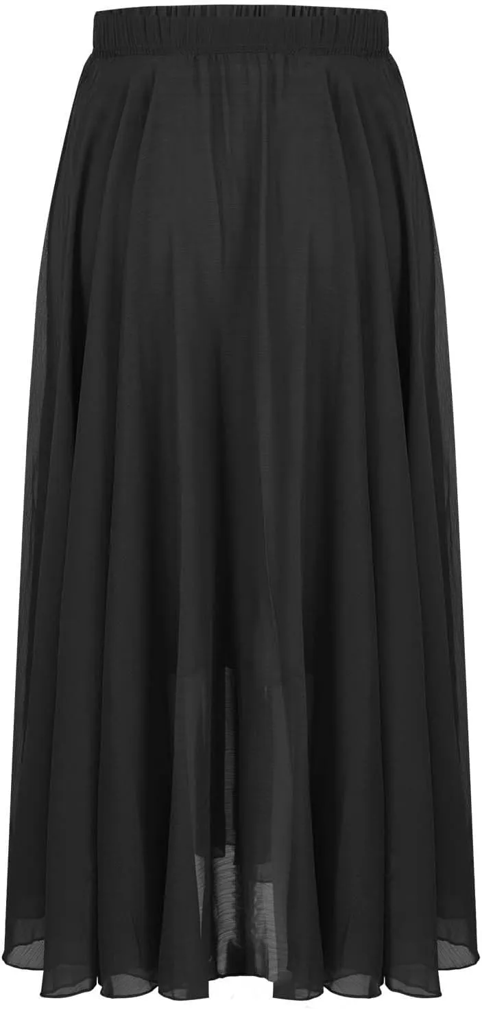 Oplxuo Women's Elastic Waist Chiffon Flowy Maxi Skirt Full Length A-Line Beach Long Skirts
