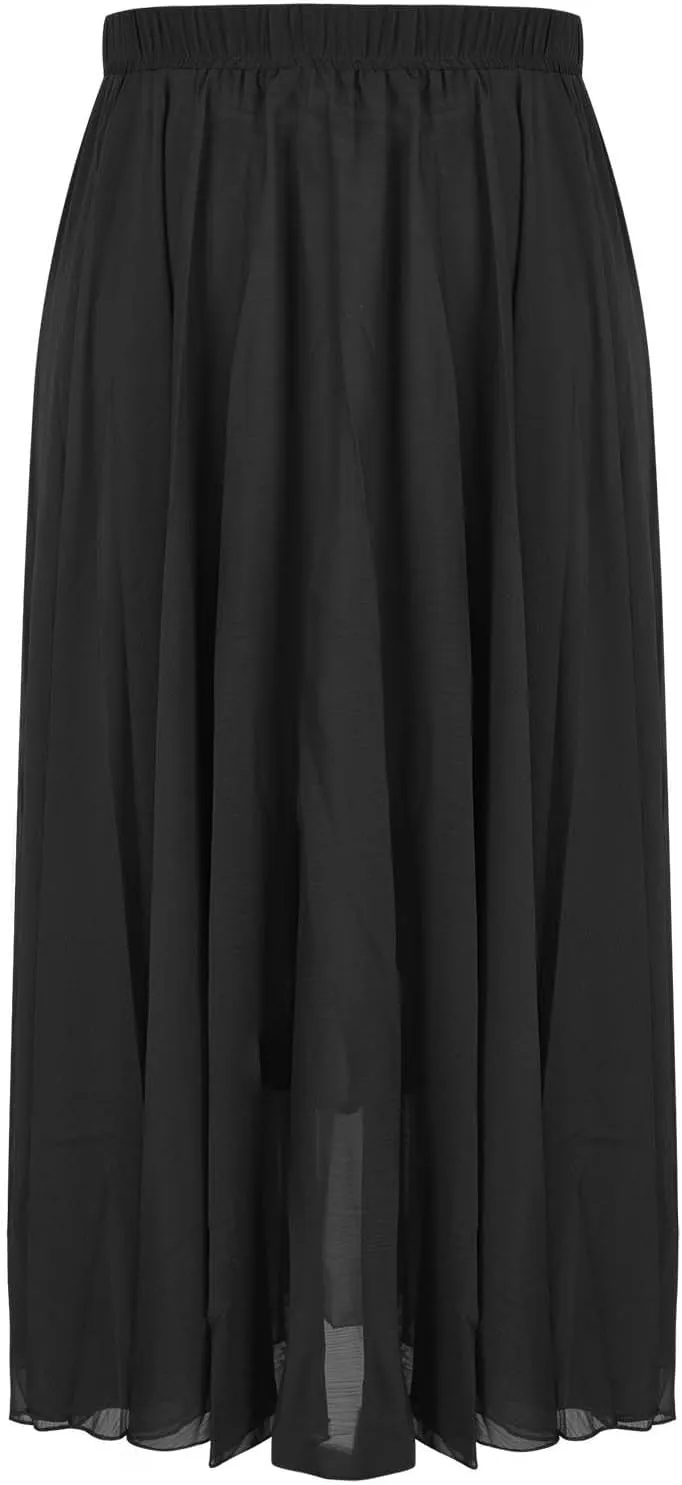 Oplxuo Women's Elastic Waist Chiffon Flowy Maxi Skirt Full Length A-Line Beach Long Skirts