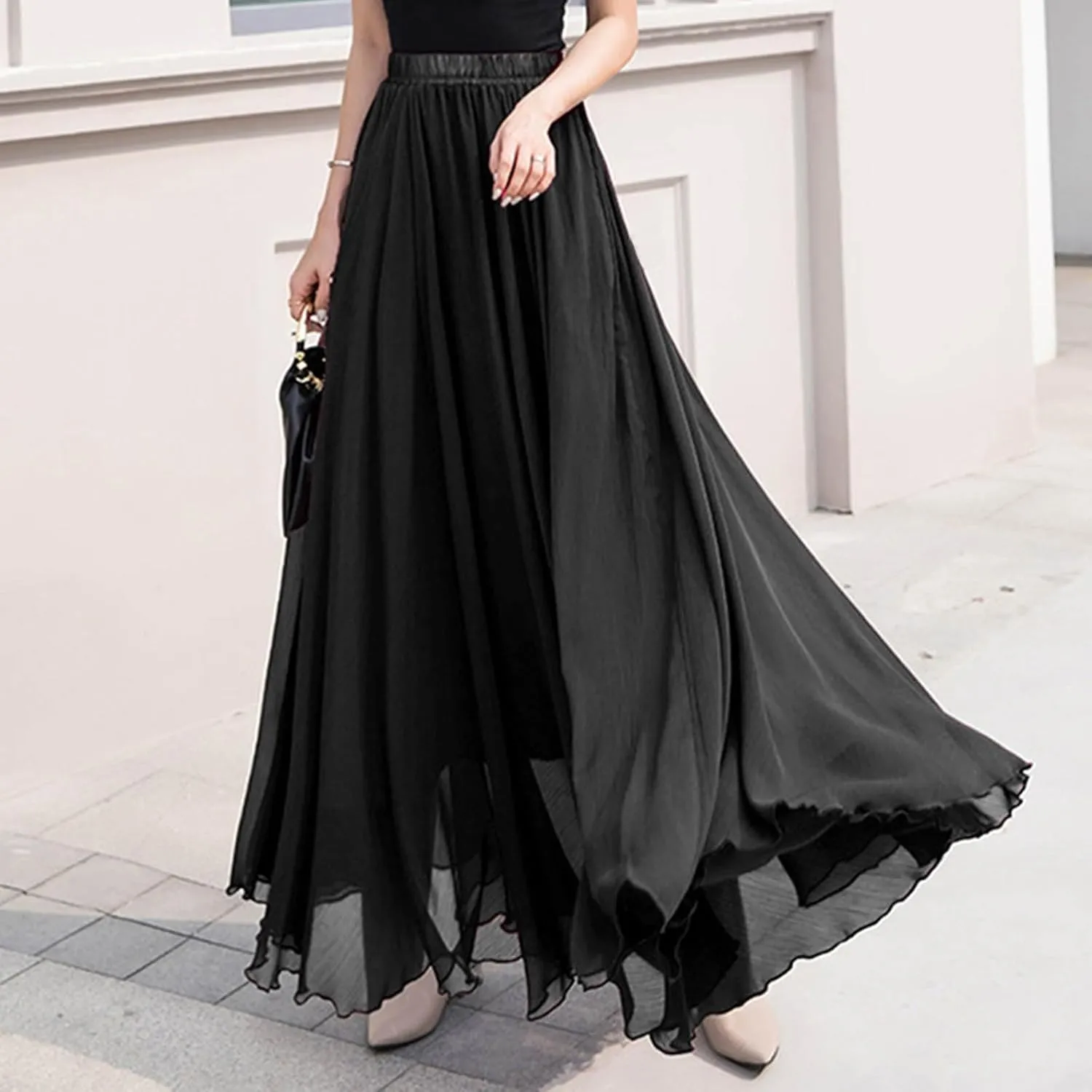 Oplxuo Women's Elastic Waist Chiffon Flowy Maxi Skirt Full Length A-Line Beach Long Skirts
