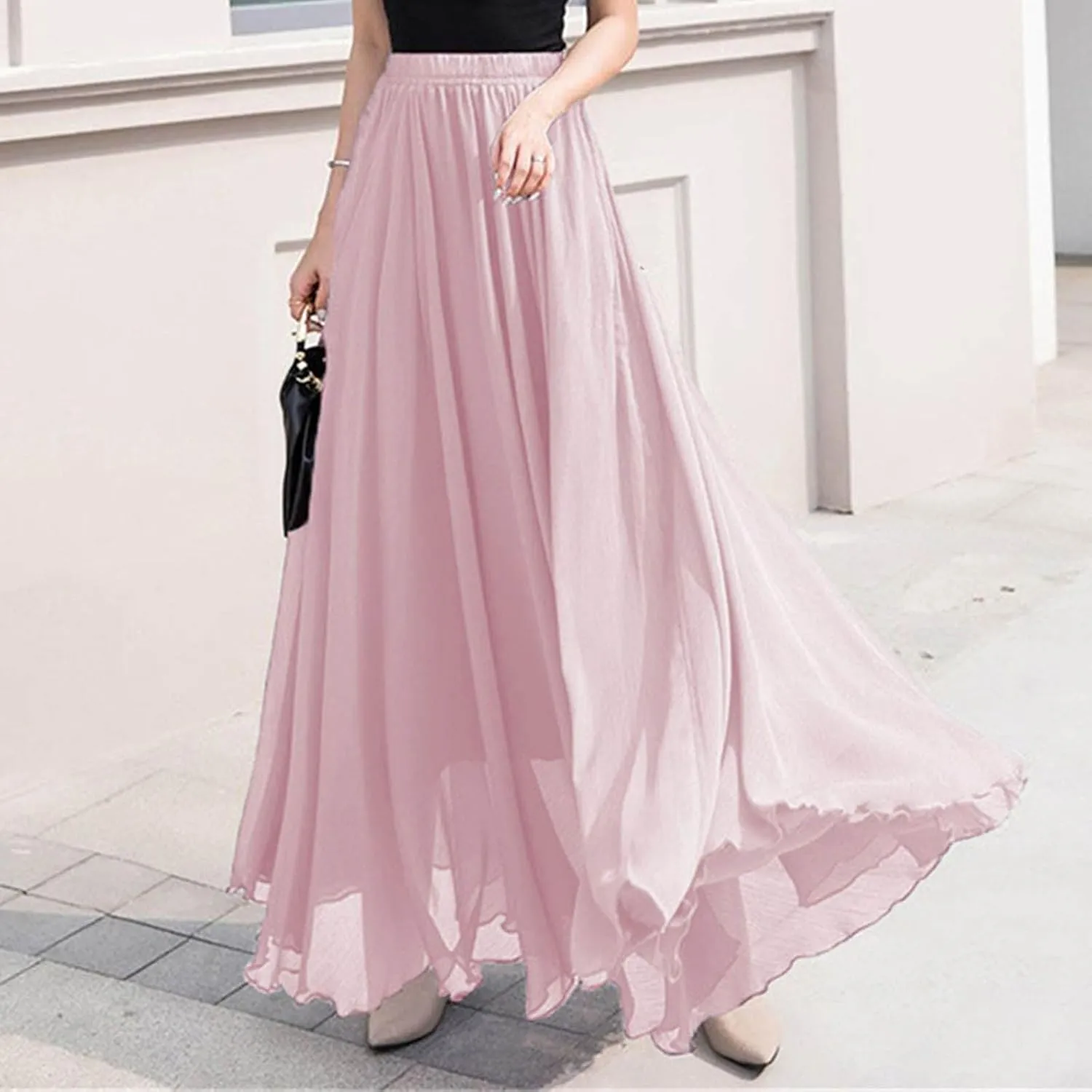 Oplxuo Women's Elastic Waist Chiffon Flowy Maxi Skirt Full Length A-Line Beach Long Skirts