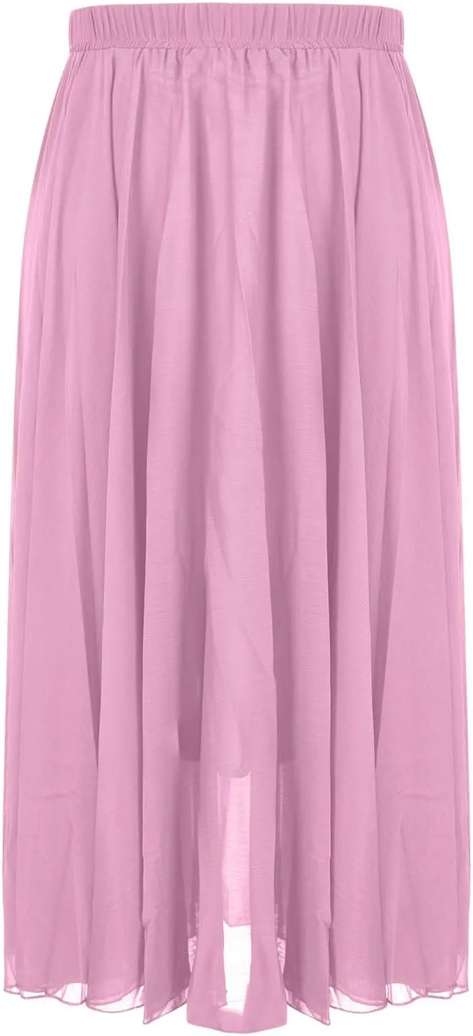 Oplxuo Women's Elastic Waist Chiffon Flowy Maxi Skirt Full Length A-Line Beach Long Skirts
