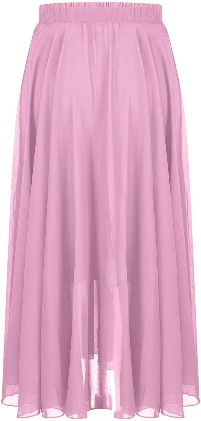 Oplxuo Women's Elastic Waist Chiffon Flowy Maxi Skirt Full Length A-Line Beach Long Skirts