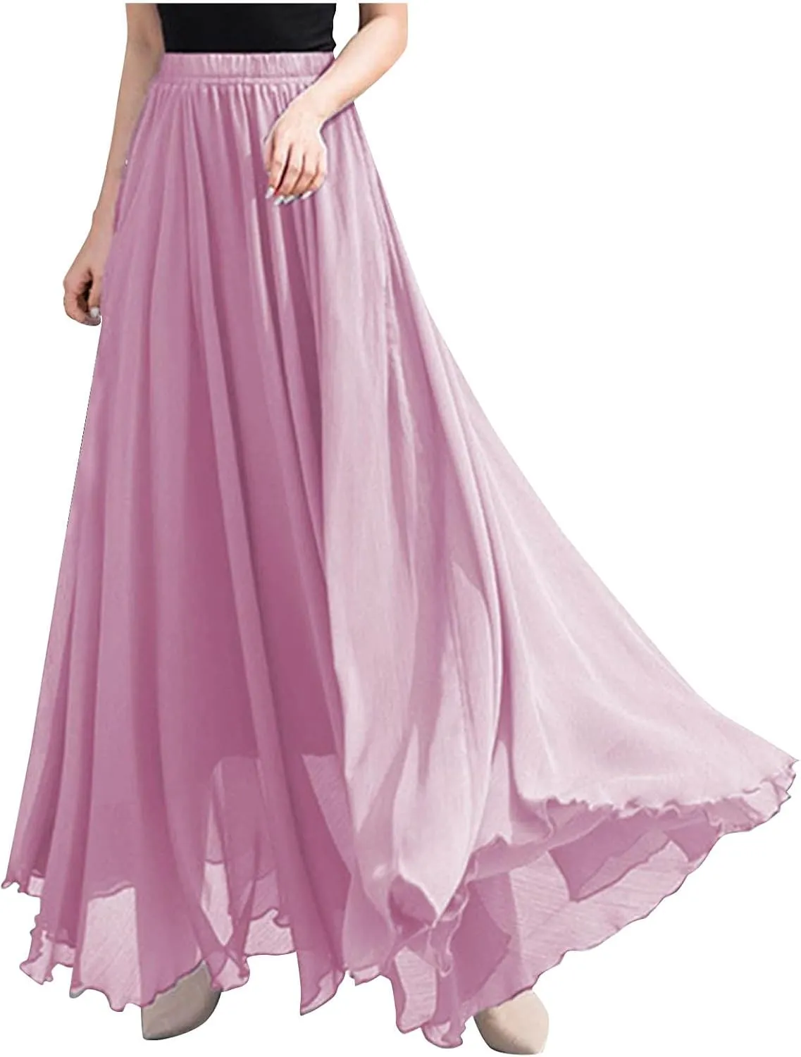 Oplxuo Women's Elastic Waist Chiffon Flowy Maxi Skirt Full Length A-Line Beach Long Skirts