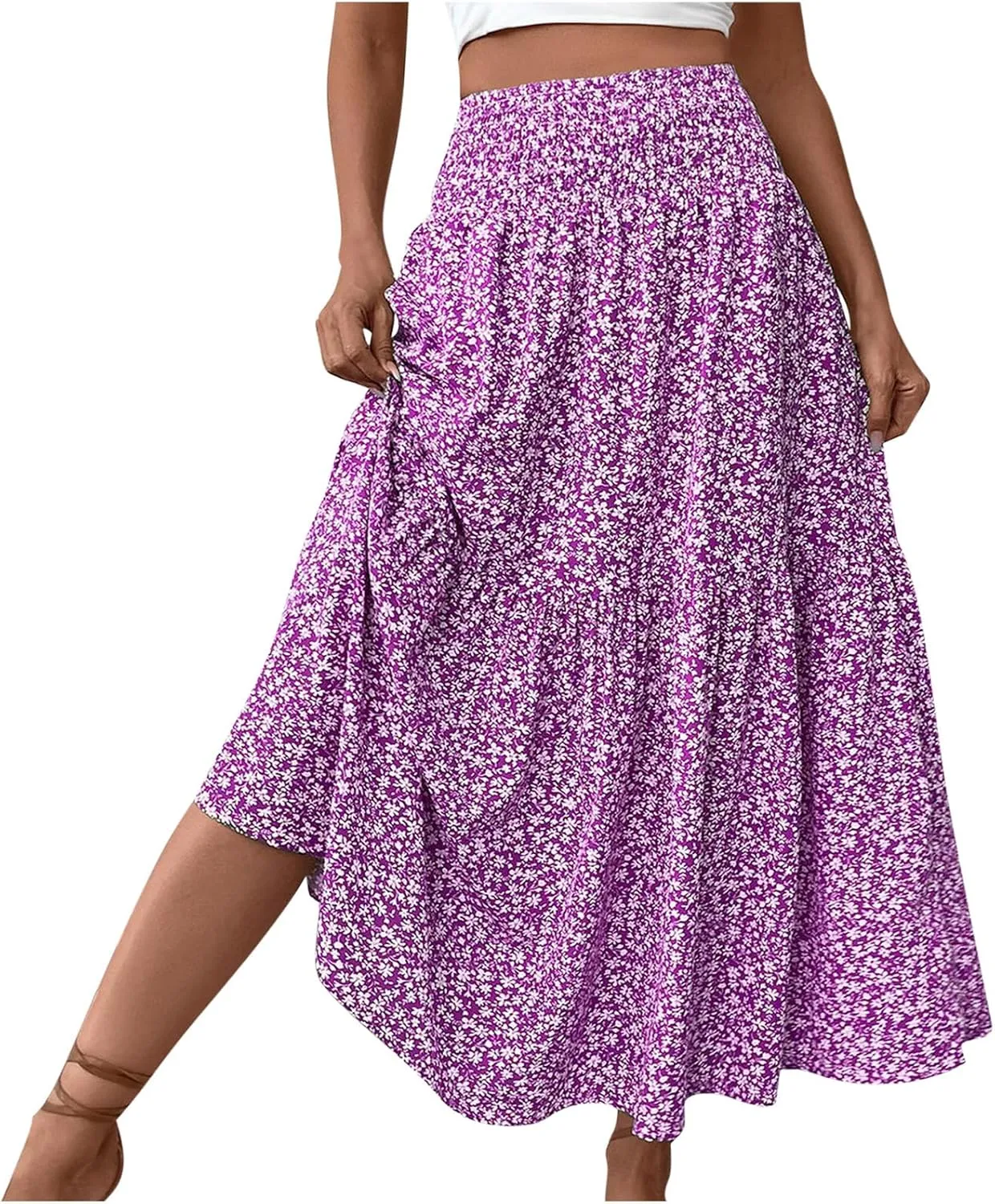 Oplxuo Women's Summer Boho Maxi Skirt Floral Print A-Line Flowy Tiered Smocked Elastic High Waist Beach Long Skirts